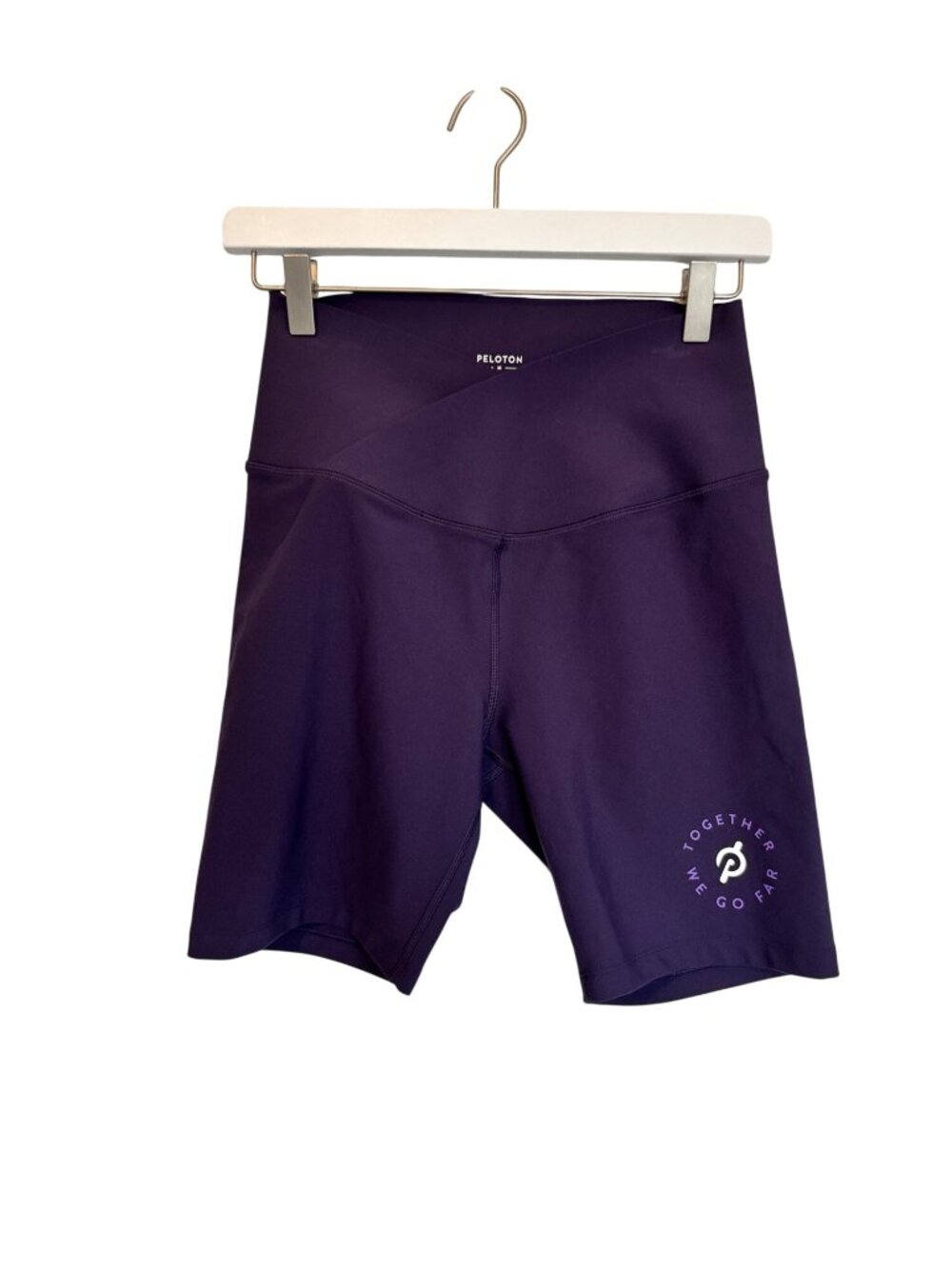 Peloton Purple High-Waist Bike Shorts With "Together We Go Far" Graphic Womens M